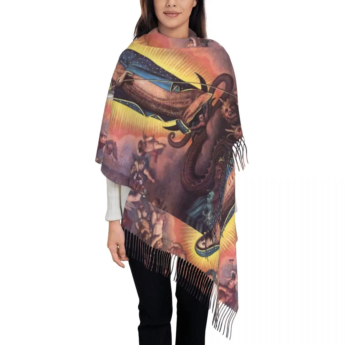 

Virgin Of Guadalupe Scarf Men Women Mexico Catholic Headwear Scarves with Long Tassel Winter Shawl Wrap Warm Soft Bufanda