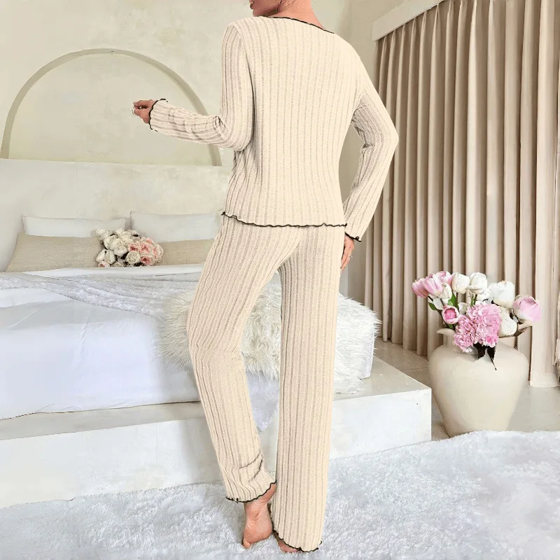 Flannel Warm Sleepwear Women Casual Pajamas Set Long Sleeve T-shirt Top and Trousers Set Homewear Autumn Winter Loungewear 2