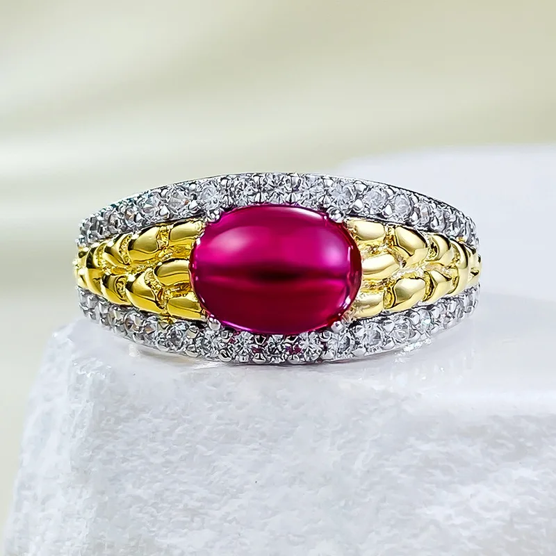 

New 925 Silver Plated Gold Round Fat Dudu 6 * 8mm Pigeon Blood Red Egg Face Old Money Wind Ring for Women