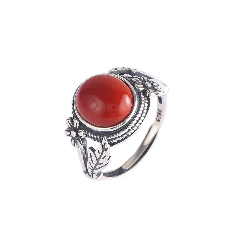 

JZ153 ZFSILVER Thai Silver S925 Fashion South Red Agate Turquoise Retro Flower Leaf Round Rings For Women Wedding Party Jewelry