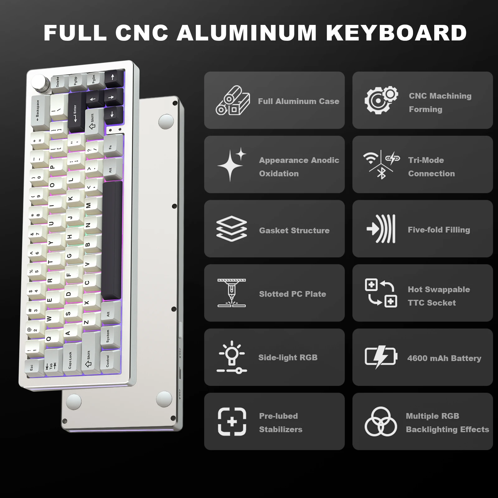 YUNZII AL66 Silver 66-Key CNC Aluminum Knob Wireless Bluetooth/2.4G/Wired Hot Swap Gasket Mounted RGB Mechanical Gaming Keyboard