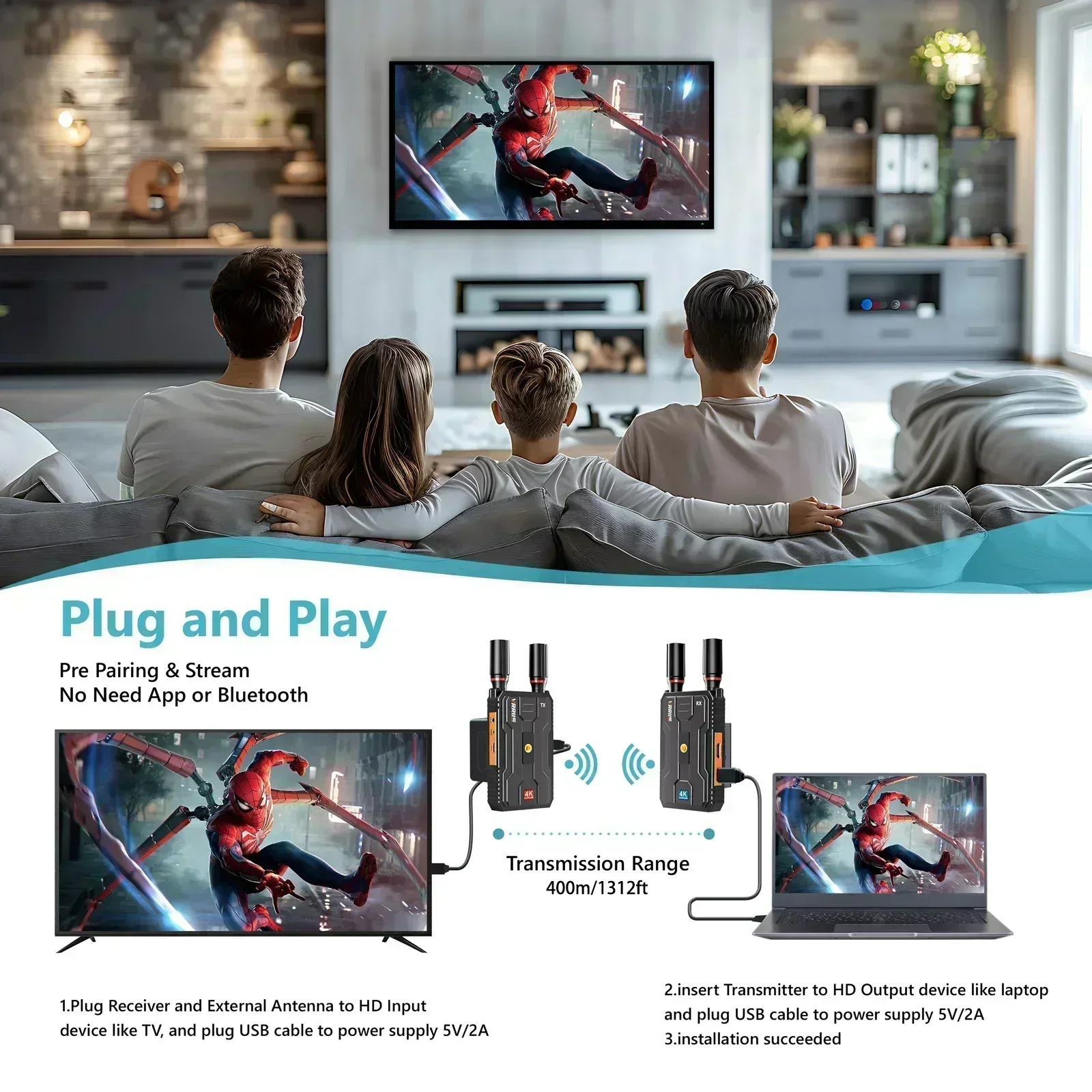 400M Pro 5G 4K Wireless HDMI Extender Dual HDMI Video Transmitter Receiver Support Battery Audio Camera Laptop PC To TV Monitor wireless video adapter