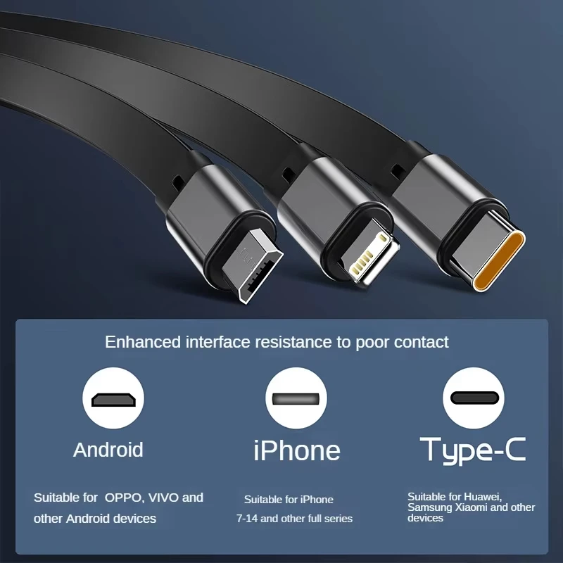 타입C 3 in 1 휴대폰 고속 충전 접이식 케이블 5A USB-C 데이터 케이블 마이크로 아이폰, 화웨이, 삼성 휴대폰 충전용