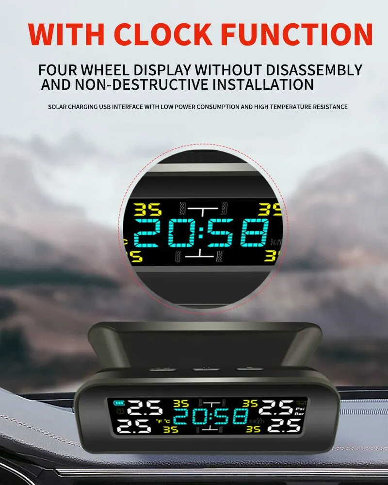 1PC Wireless Solar Powered Tire Temperature Pressure Monitor for Car