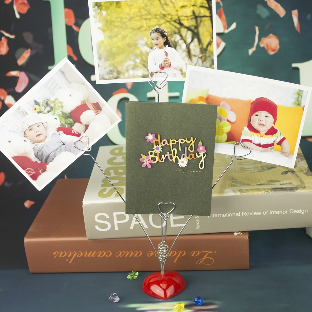 Photo Card Holder Red Heart Base 4 Heart Wire Clip Multi Message Memo Picture Clamp Table Place Card Wedding Favo Decoration plastic clips monitor memo board clip
