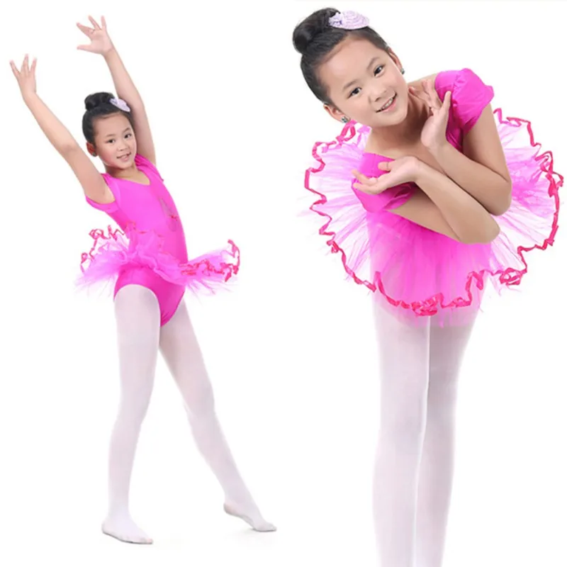 Letnie dziewczęce z krótkim rękawem sukienka baletowa dla dzieci baleriny Tutu dziecięce koronkowe stroje baletowe dla dziewczynki trykot Dancewear