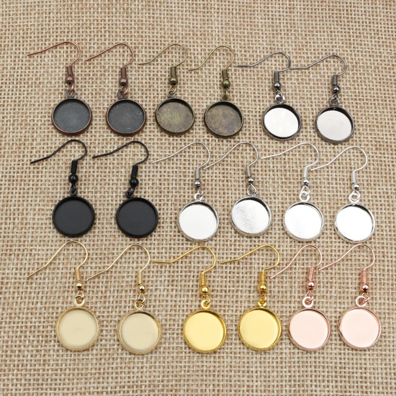 10pcs 12mm Tray Lünette Cabochon Ohrring Haken Blank Einstellung Runde Anhänger Ohr Basis Erkenntnisse Für DIY Glas Cameo schmuck Machen