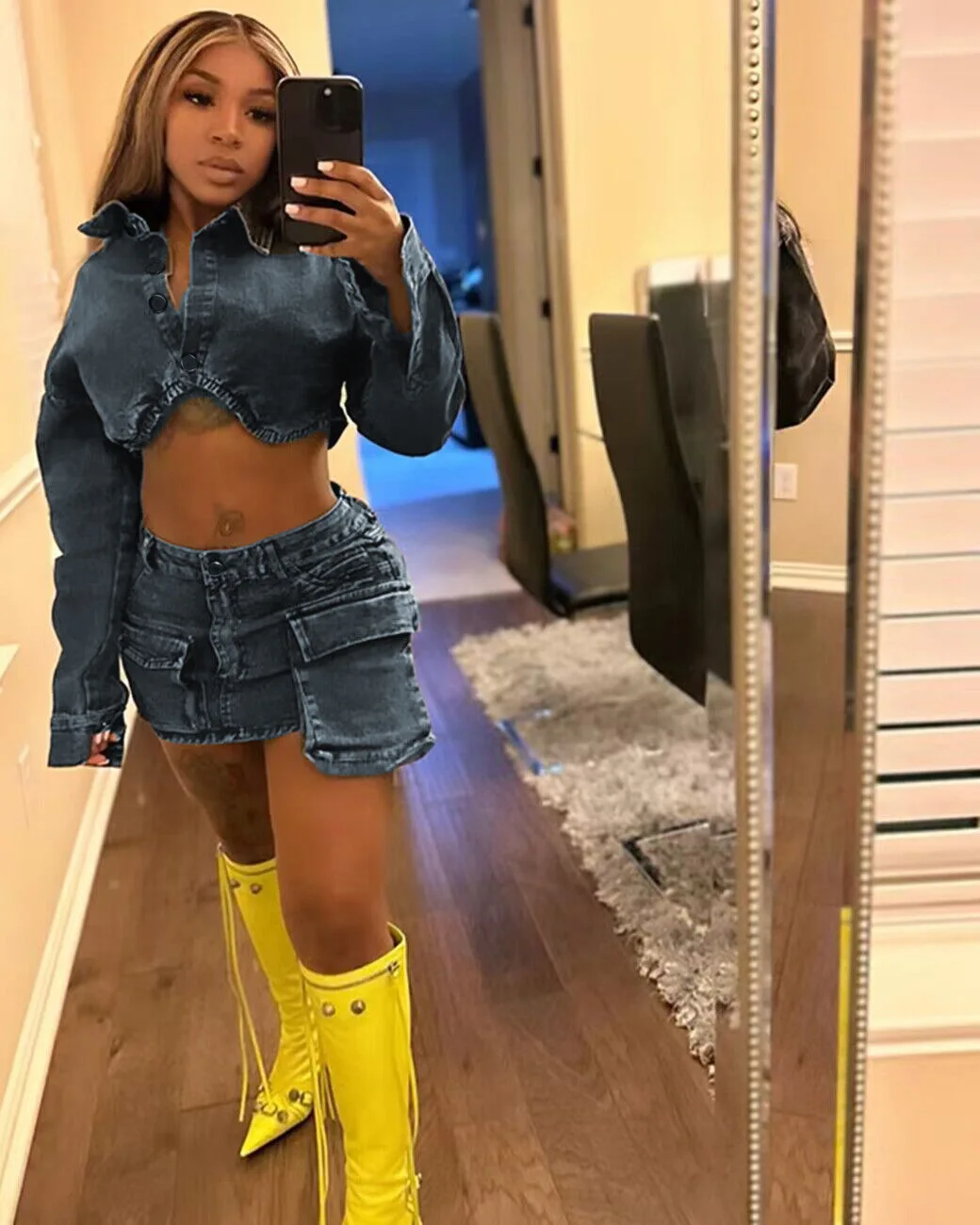 Осенний женский костюм, соблазнительный короткий пиджак и юбка, модный темпераментный Повседневный джинсовый костюм с юбкой, удобный комплект из двух предметов