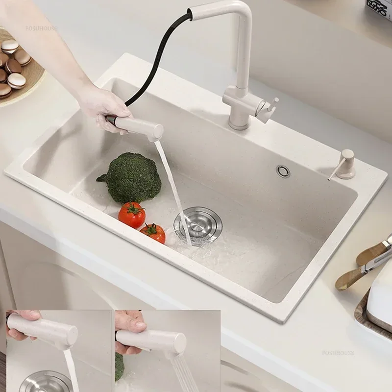 Luxury White Kitchen Sink for Dining Room Nordic Fashion Design Kitchen Sinks for Rental Housing Granite Embedded Smooth Sinks 5