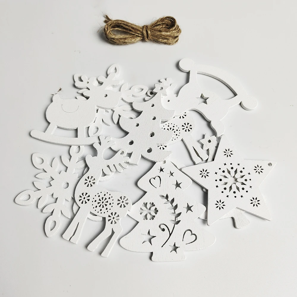 10Pcs Christmas Wooden Chips Slice Christmas Pendant Red White Snowflake Xmax Tree Hanging Pendant Christmas Decorations Crafts