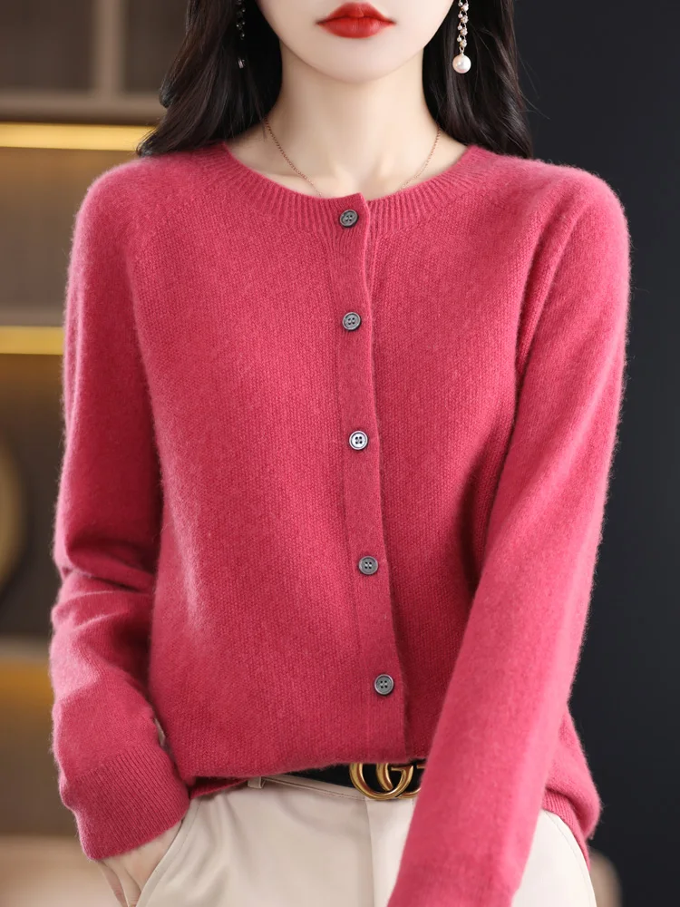 

Fashion Spring Autumn Female O-Neck 100% Merino Wool Sweater Women Knitted Cashmere Cardigan Basic Knitwear Clothing Tops