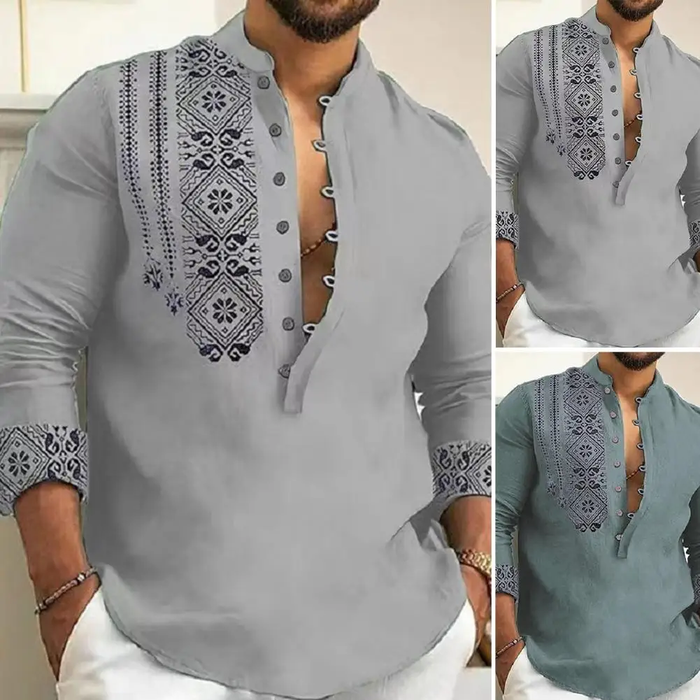 

Men Long Sleeve Shirt Men Shirt Vintage Ethnic Style Stand Collar Men's Shirt with Slim Fit Print Long Sleeve for Spring
