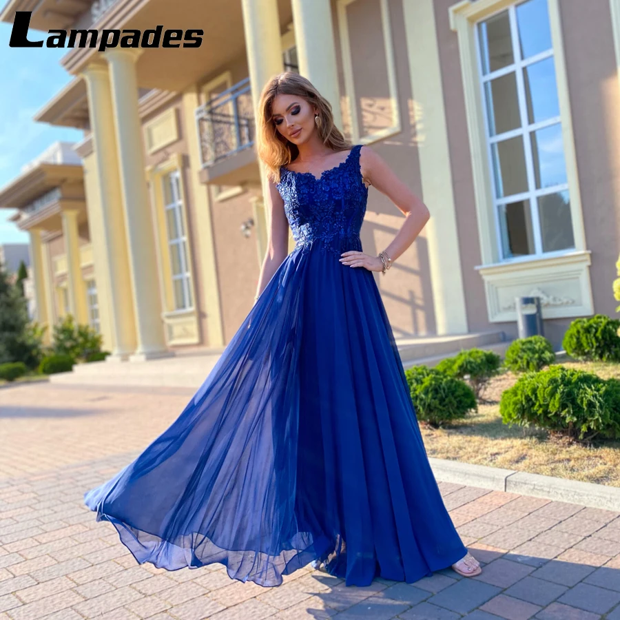 V-neck Chiffon and Lace Long Boho Dresses Royal Blue