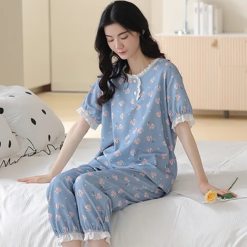 봄 여름 여성 잠옷, 반팔 카프리 바지, 여아 빈티지 홈 의류, 면 루즈 캐주얼 정장 5