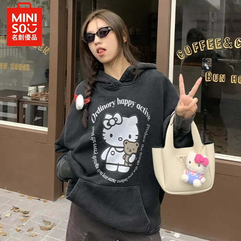 

MINISO футболка с капюшоном Hello Kitty y2k Свитшот Женская осенне-зимняя Толстовка в стиле гранж хип-хоп винтажная уличная одежда в стиле Харадзюку Топ для девочек