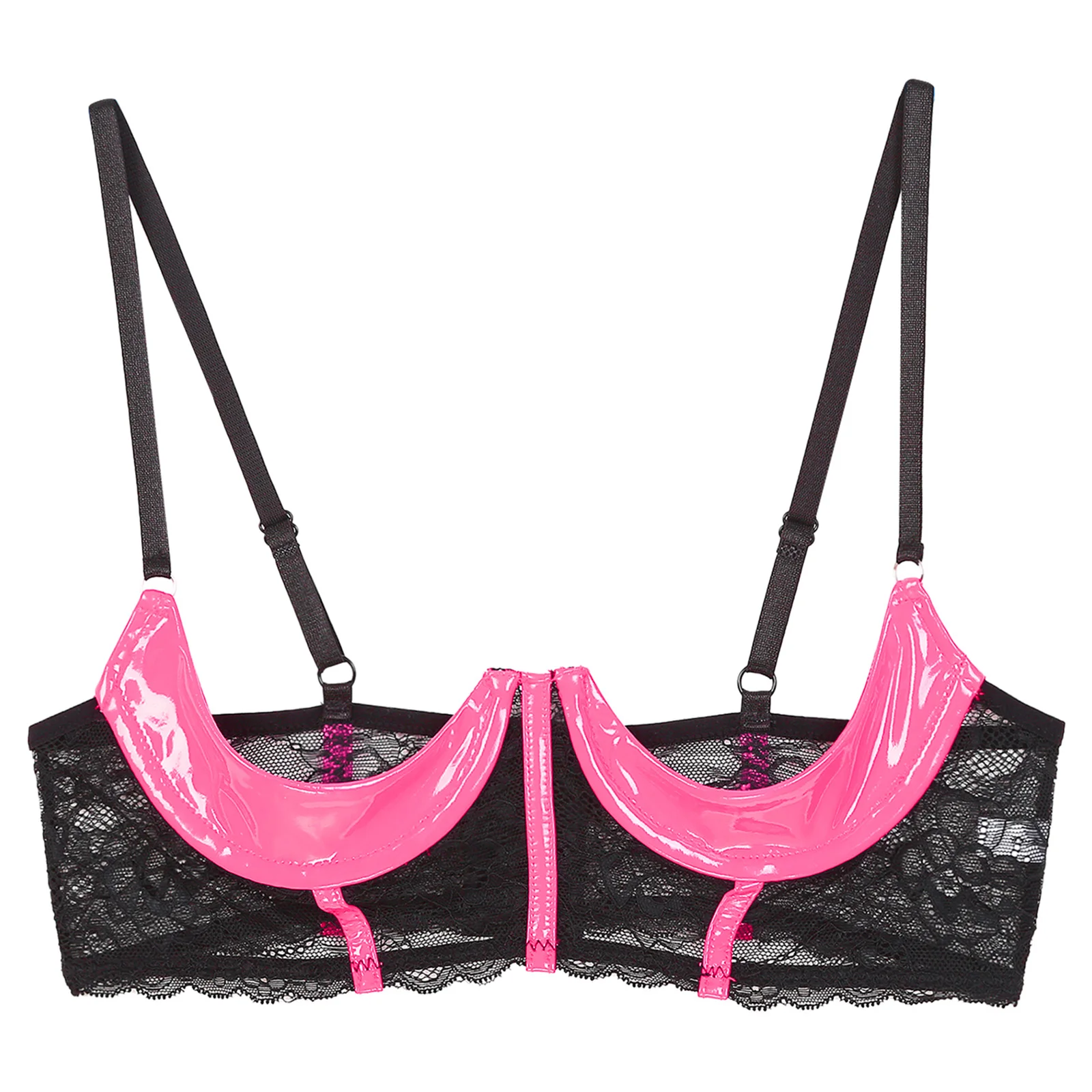 Womens Patent Leather 1/3 Cup Underwired Bra Adjustable Shoulder Straps Floral Lace Brassiere Lingerie Open Breast Bra Underwear women bra