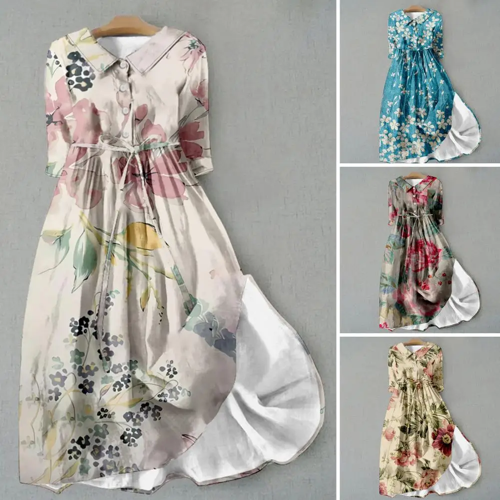 

Women Dress Turn-down Collar Retro Floral Print Long Sleeves A-line Pleated High Waist Big Hem Half Single-breasted Midi Dress