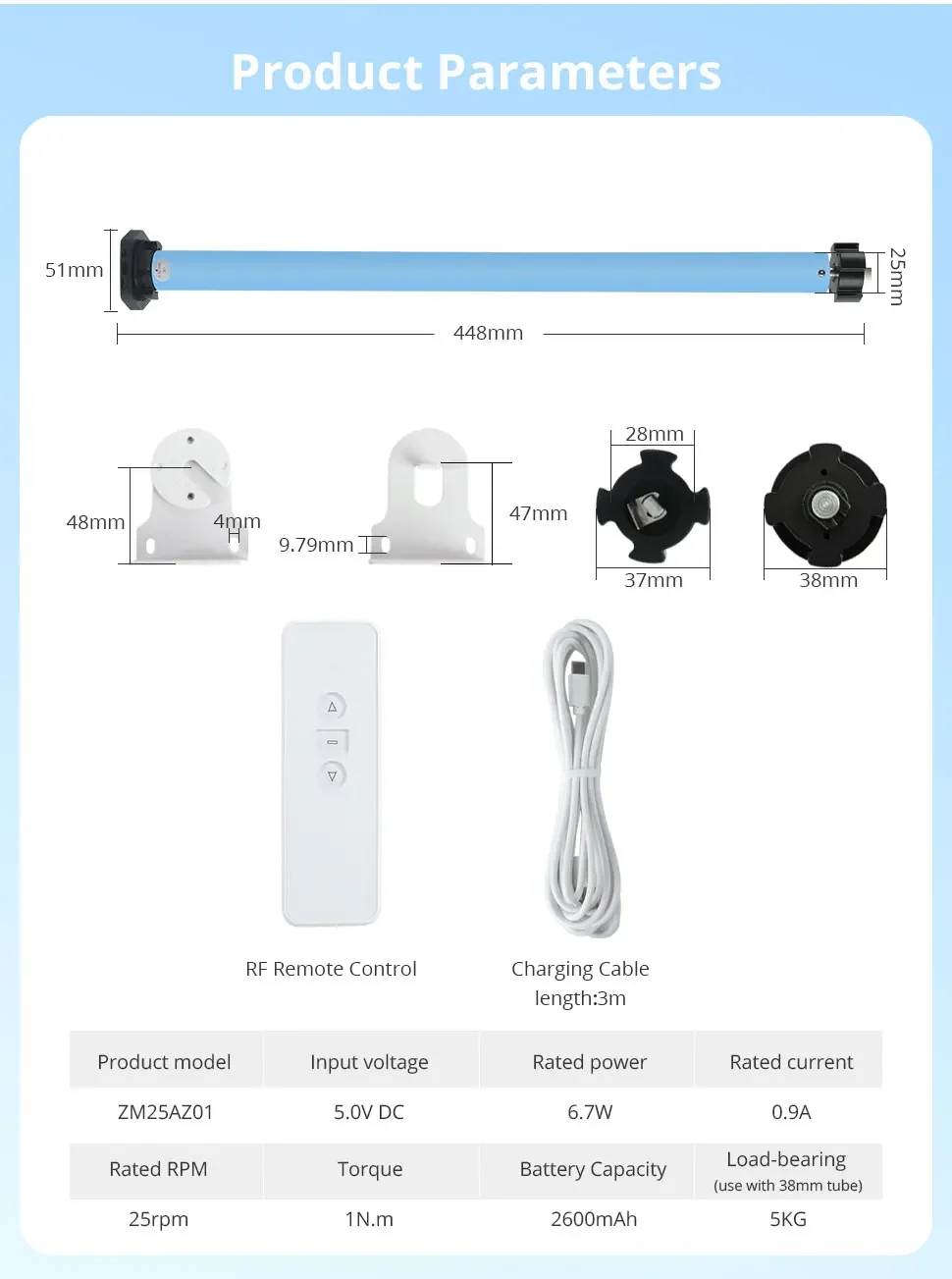 Zigbee Rechargeable Roller Shade Blinds Motor for 37mm 38mm Tube Work with Tuya