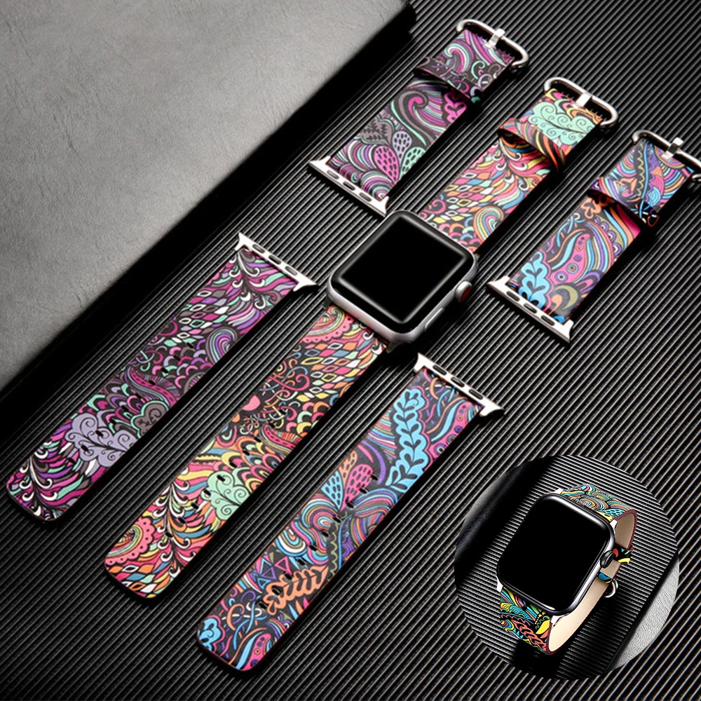 

Ремешок из натуральной кожи для Apple Watch Ultra 49 мм 8 7 45 мм 41 мм, Цветочный браслет для iwatch 6 5 4 3 SE 44 мм 40 мм 42 мм