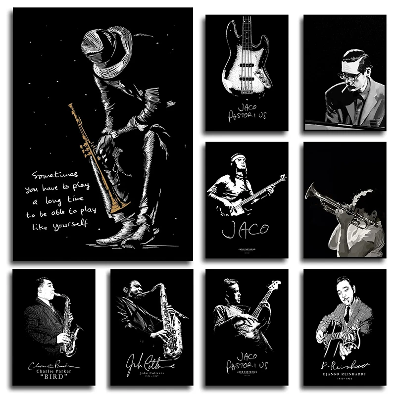 BlackandWhiteJazzMusicianPortraitPostersJazzyMusicCanvas