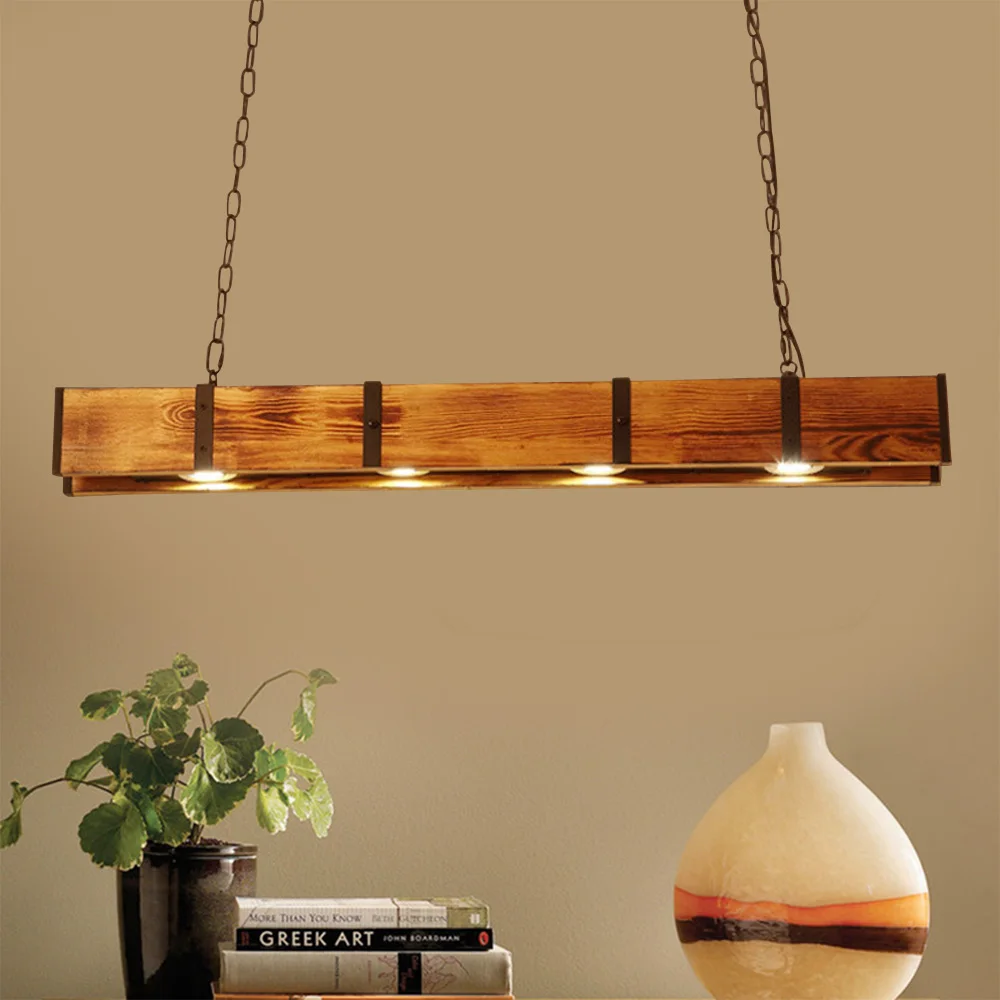 

Rustic Wood 4 Lights Chandelier Farmhouse Ceiling Lamp Pendant Hanging Light Kitchen Chandelier Linear Fixture