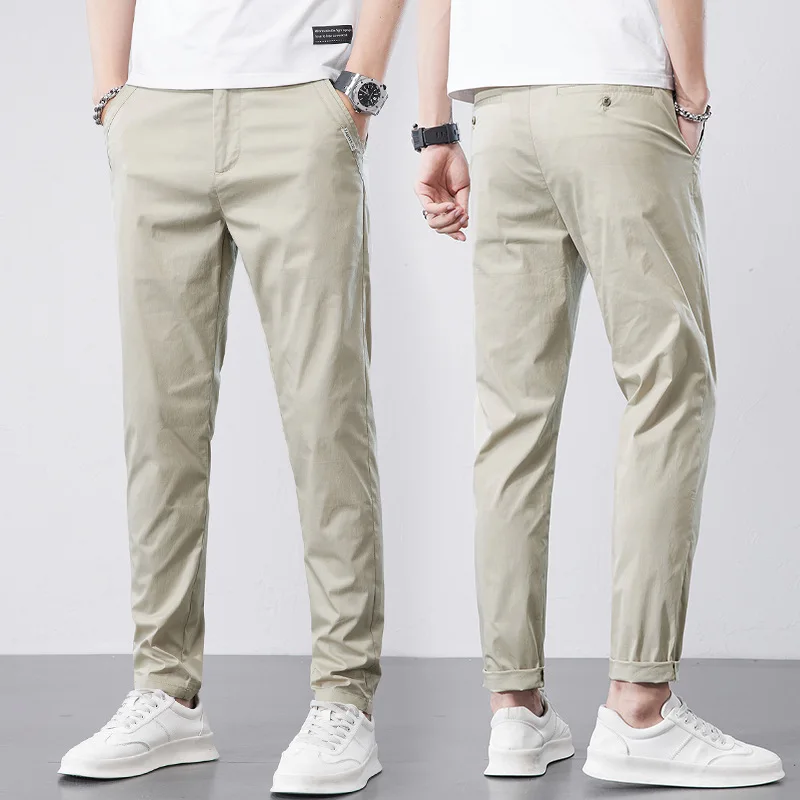 Summer Thin Casual Pants Men Khaki Black Cosy Cotton Straight Fit Fashion Korea Clothing Solid