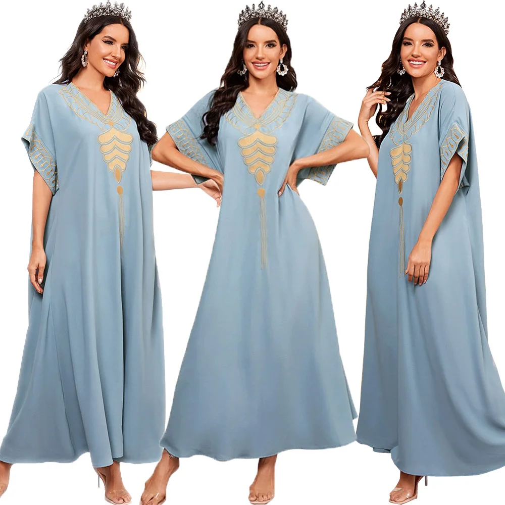 

Women Long Dress Short Sleeve Islamic Dubai Kaftan Dress Casual Embroidery Muslim Summer Arabic Aabya Middle East V-neck Vestido