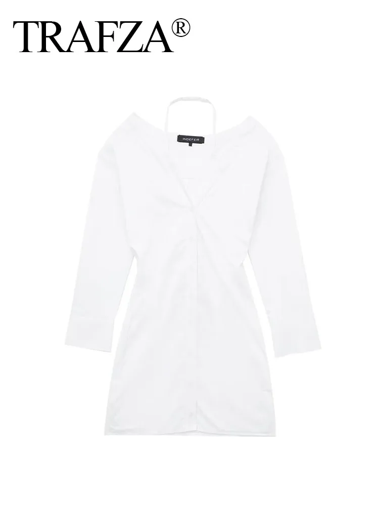 

TRAFZA Spring Mini Dress Woman Trendy White V-Neck Long Sleeves Off Shoulders Single Breasted Female Fashion Sexy Dresses