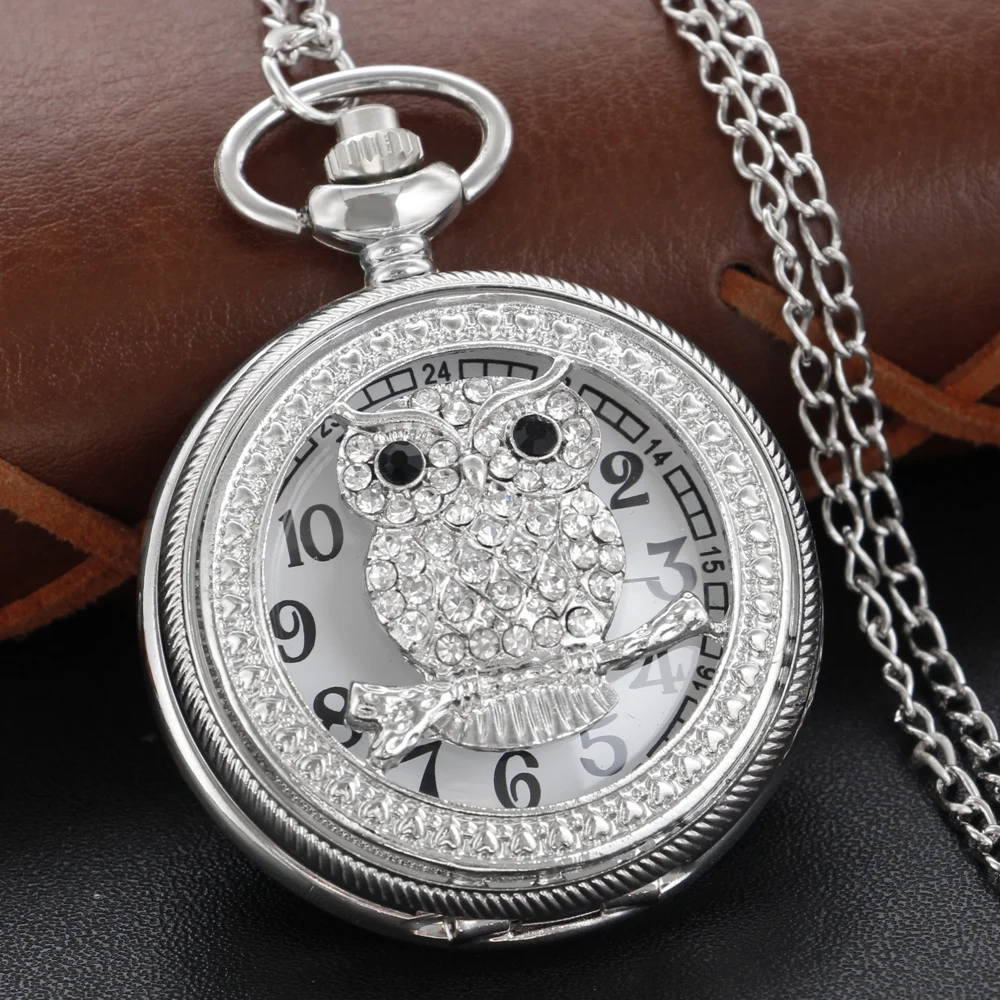 

Silver Diamond-Studded Owl Carved Pocket Watch Steampunk Necklace Pendant Chain Watch Men's Women's Children Fob Watch Gift