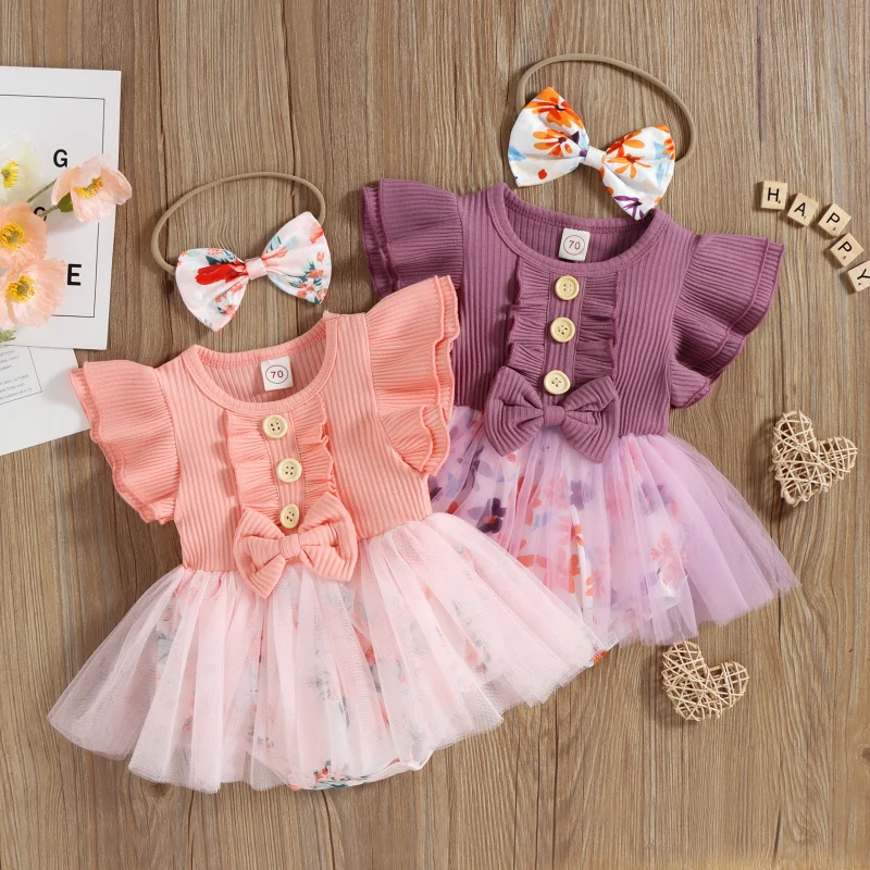 

Toddler Baby Girls Floral Romper Ruffle Sleeve Jumpsuit Pit Stripe Bowknot Harper Dress Little Flying Sleeve Triangle Crawl