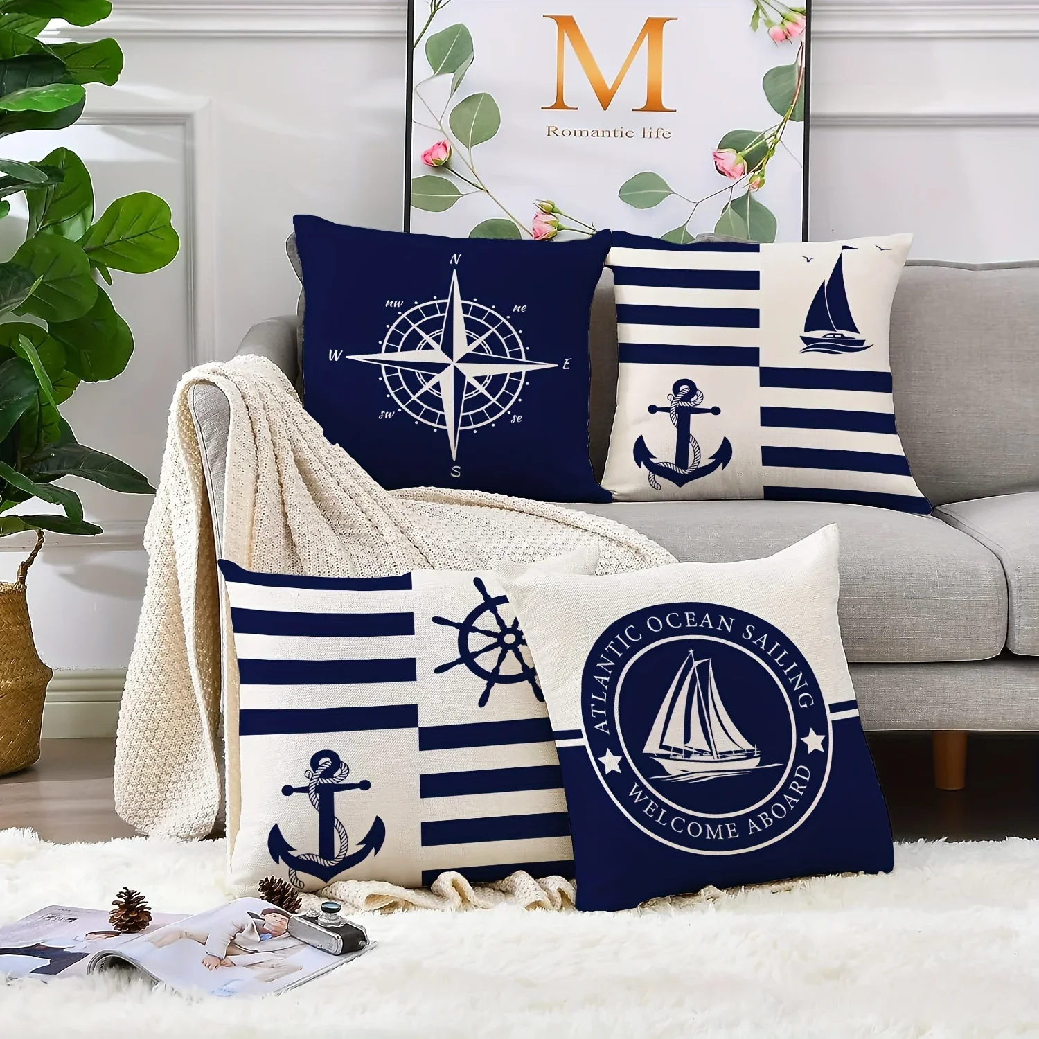 

4Pcs Nautical Linen Throw Pillowcase Blue Sailbnoat Compass and Anchor Design Memorial Decorative Cushion Cover for Bedroom