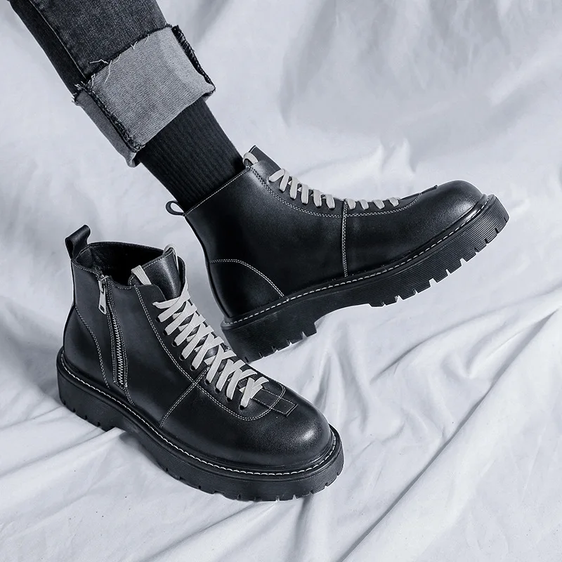 

Мужские модные ботинки на платформе в Корейском стиле, оригинальная кожаная обувь на шнуровке, вечерние банкетные классические ковбойские ботинки, ботильоны на весну и осень