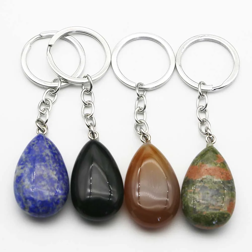 Natural Stone Water Drop Crystal Agate Key Chain Fashion Luggage Pendant Stainless Steel Keys Ring Quality Jewelry Wholesale 4Pc