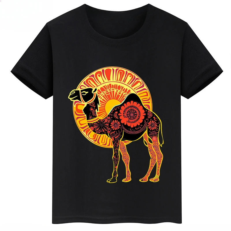 thumbnail image 1 of Ropa infantil con estampado de dibujos animados de camellos, camisetas negras de manga corta de verano para niños, camisetas de algodón personalizadas para niños y niñas, 1 of 5