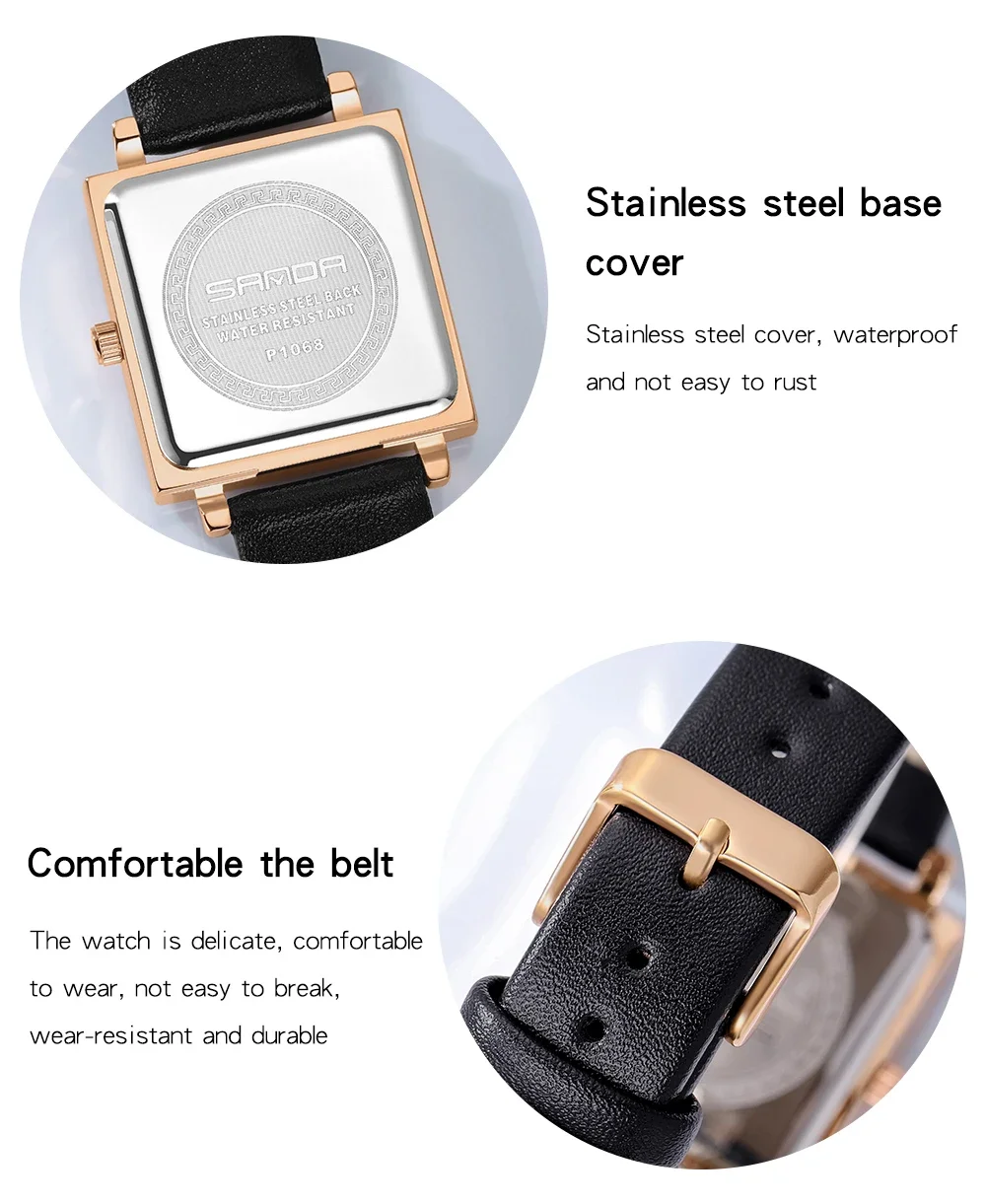 SANDA 1068 Women Square Sport Watches Fashion Leather Strap Analog Quartz Wristwatch Big Dial Vintage Elegant Ladies Reloj Muje