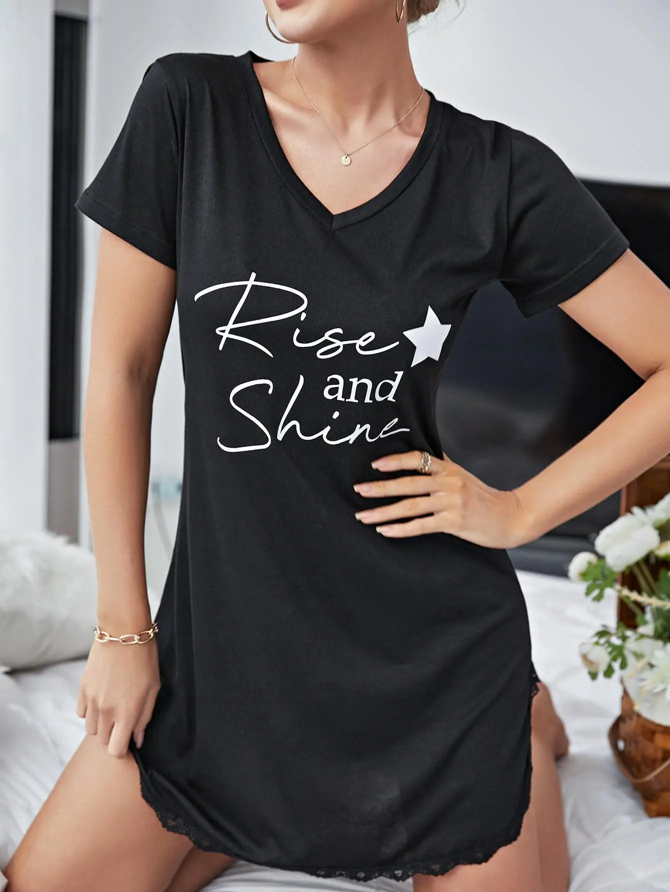 Nightgowns for Women Sexy Sleepshirts V Neck Short Sleeve Sleepwear Lace Trim Night Shirts Nightwear Homewear Nightdress Suit
