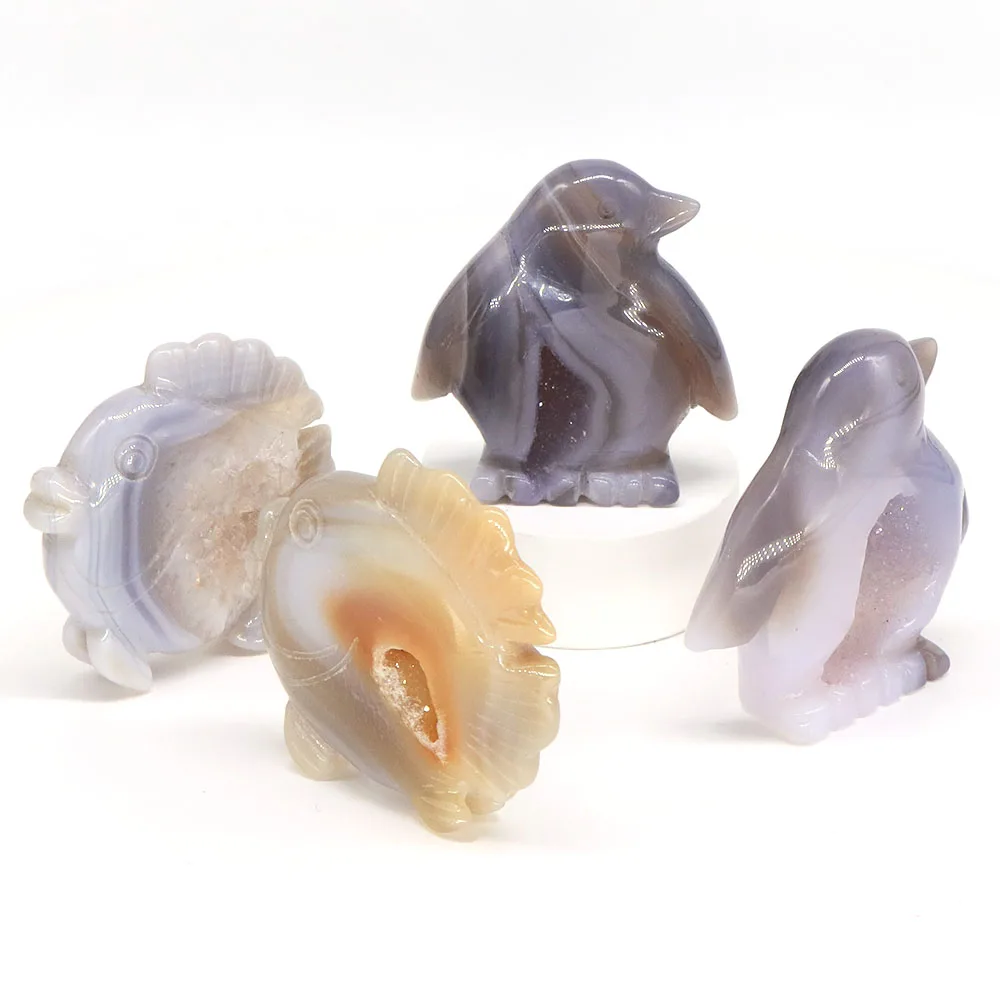 Swan Eagle Head Fish Owl Penguin Statue Natural Stone Gray Agate Geode Healing Crystal Carving Animal Figurine Crafts Home Decor