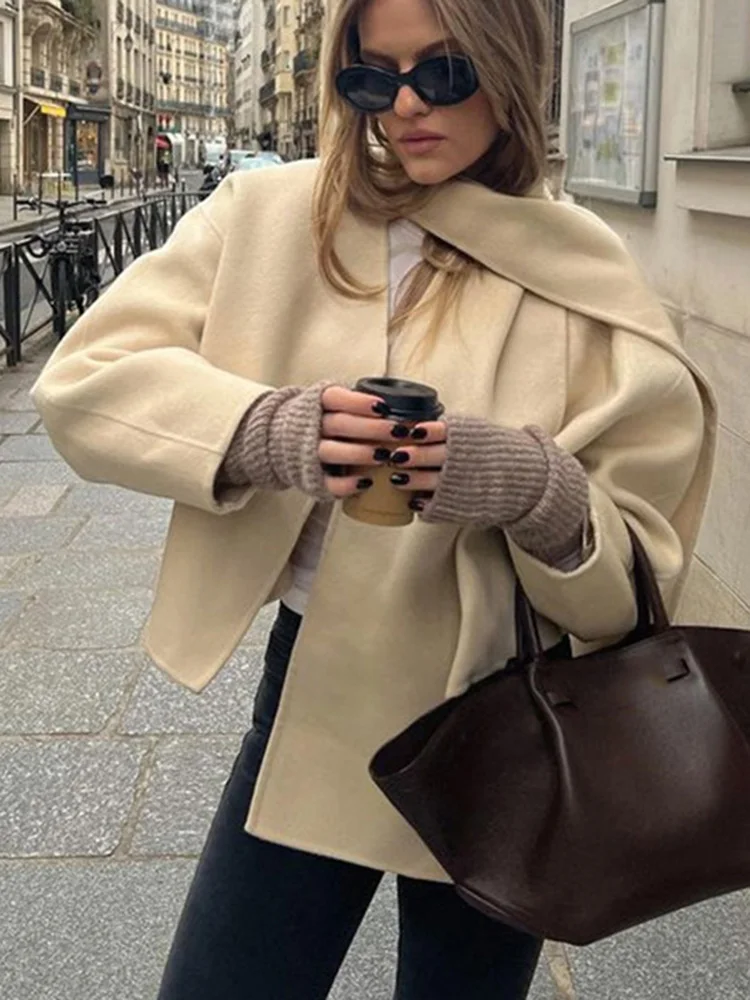

Шерстяное пальто, женское элегантное модное пальто с шарфом, осенне-зимние свободные короткие пальто, женская укороченная верхняя одежда в стиле High Street