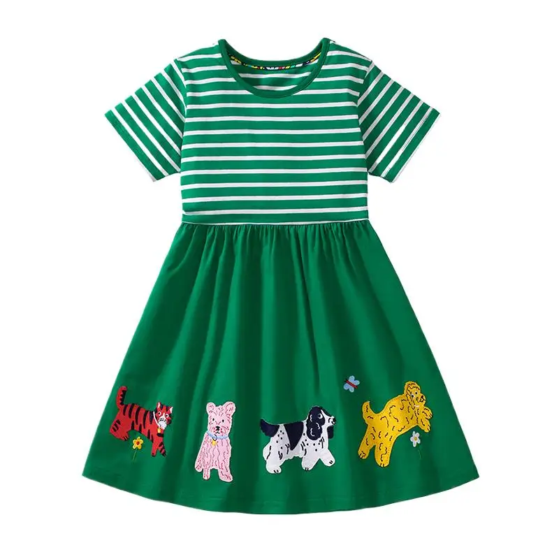 2025 Summer Children's Clothing Baby Girls Embroidered Cartoon Casual Animals Dresses Green Striped Dresses Kids Clothes