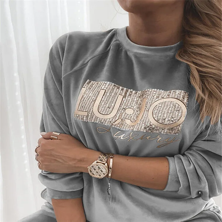 2024 Spring Velvet Women Suit Long Sleeve O-neck Top Pocket Pants Female 2 Piece Sets Fashion Casual Sport Clothes Ladies