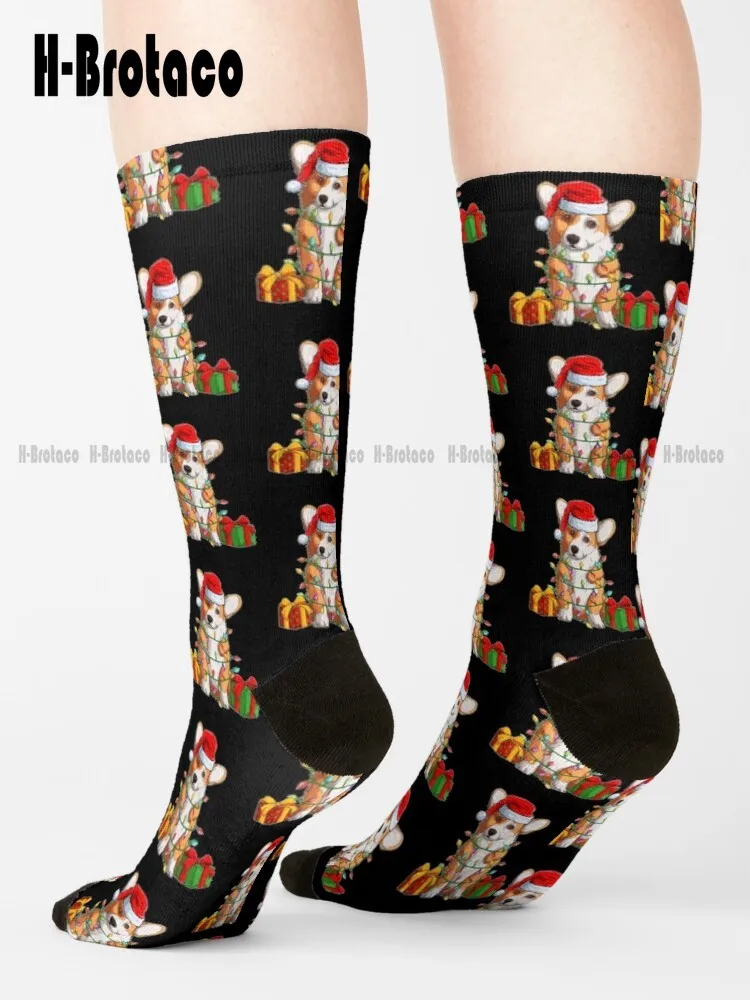 

Corgi Santa Christmas Lights Gift Socks Women Crew Socks Comfortable Best Girls Sports Harajuku Gd Hip Hop Cartoon Casual Art