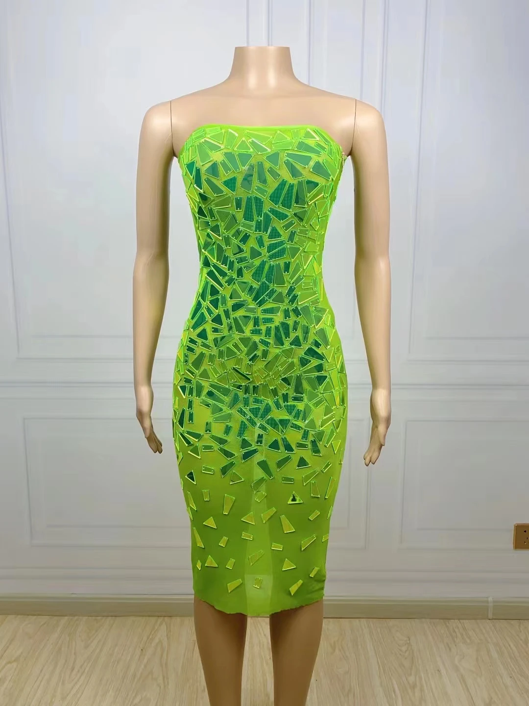 

Fluorescence Green Mirror Strapless DressAdult Host Singer Stage Clothes Party BanquetEvening Dress Drag Queen Costume D047