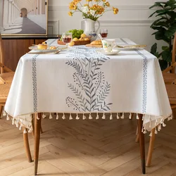 Rustic Coffee Leaves Pattern Waterproof Tablecloth - Cotton Linen Rectangle for Kitchen and Living Room Decor (Blue wheat ear)