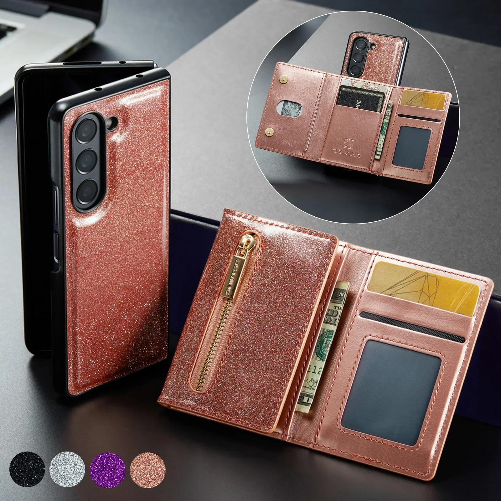 

2 in 1 Magnetic Zipper Glitter Leather Case Samsung Galaxy Z Fold 5 4 3 Fold5 Fold4 Fold3 Detachable Wallet Card Holder Cover