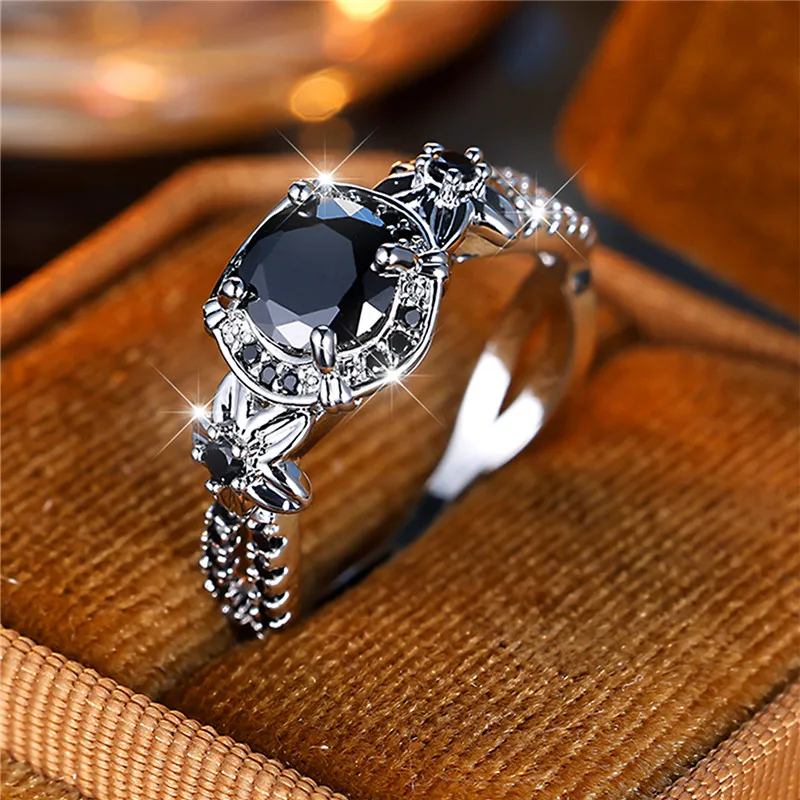 Luxury Female Black Round Flower Zircon Stone Engagement Ring Trendy Silver Color Bride Wedding Jewelry Gift For Women