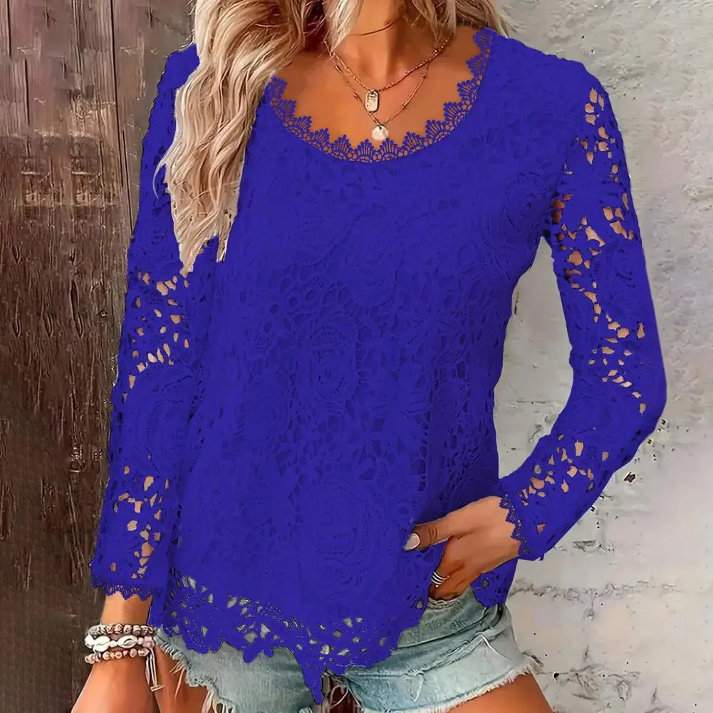 

Блузка женская свободного кроя, Воздухопроницаемый Кружевной Топ с длинным рукавом, ажурный пуловер с круглым вырезом и вышивкой, на лето