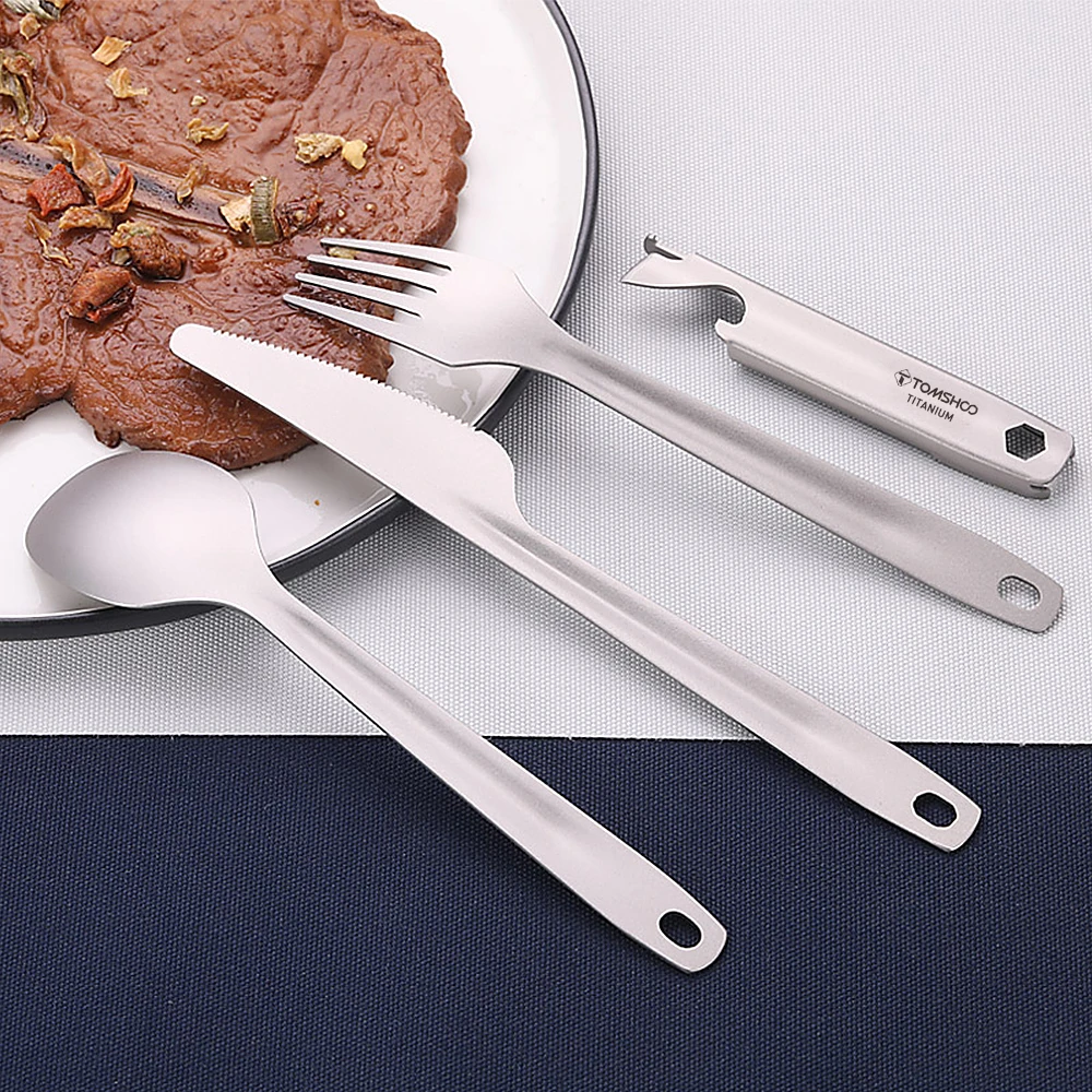 

TOMSHOO 2022 Lightweight Spoon Fork Cutter with Storage Holder 4-in-1 Titanium Flatware Cutlery Set for Camping Hiking Picnic