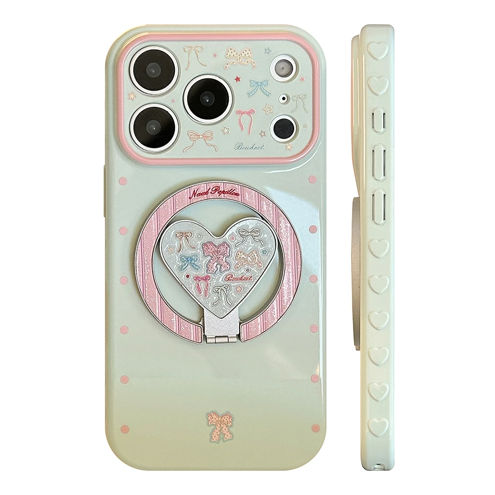 Glitter Colorful Bowknot Fold Heart Magnetic Holder Shockproof Phone Case Cover