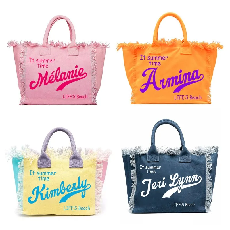 

Fashionable Customizable Letter Tassel Canvas Bag Summer Beach Women's Bag Large Capacity Commuting Tote Wedding Gifts