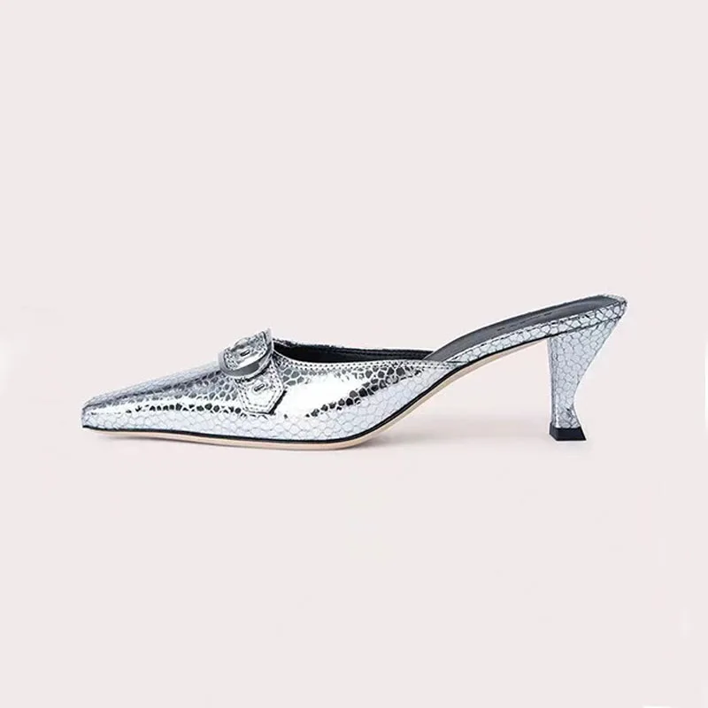 

Arden Furtado Summer New Women Slipper Pointed Toe Chunky Elegant Belt buckle Cowhide Embossing Baotou slippers